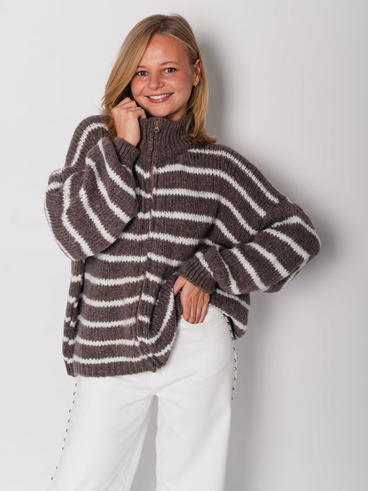 Oversize Zipper Strickjacke -  Streifen/Coffee/Creme
